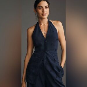NWT, Maeve Linen Blend Halter Navy Blue Vest with embroidered flowers size XL